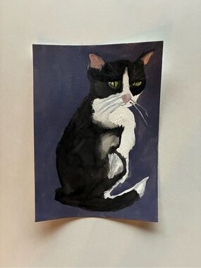Black & White Cat Original Watercolor Painting